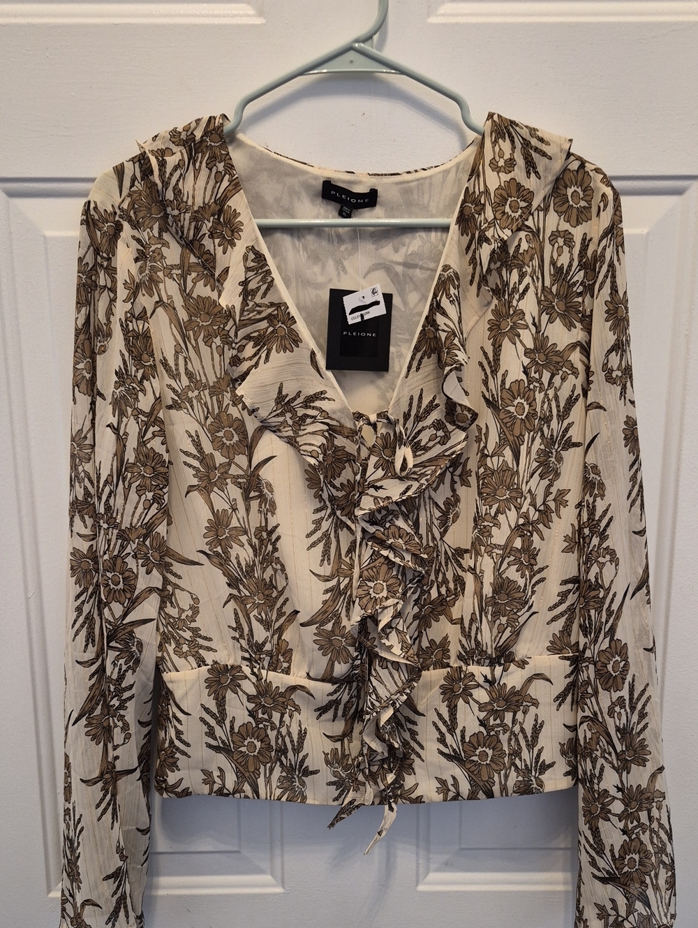 Pleione Cream and Brown Floral Ruffle Front Blouse